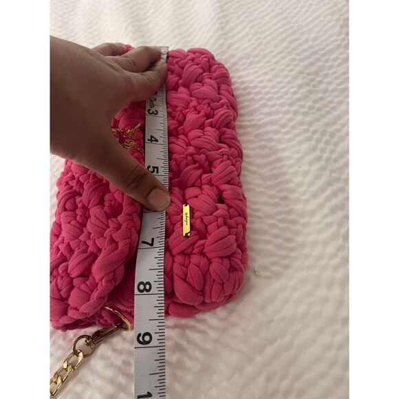 Handmade Women's Pink Crochet Gold Chain Shoulder Purse Clutch Strap Bag - Picture 10 of 10